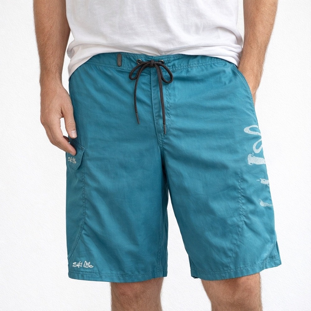 Salt Life Mens Board Shorts Teal Blue Lace Up Logo Graphic Cargo Pocket Surf 36